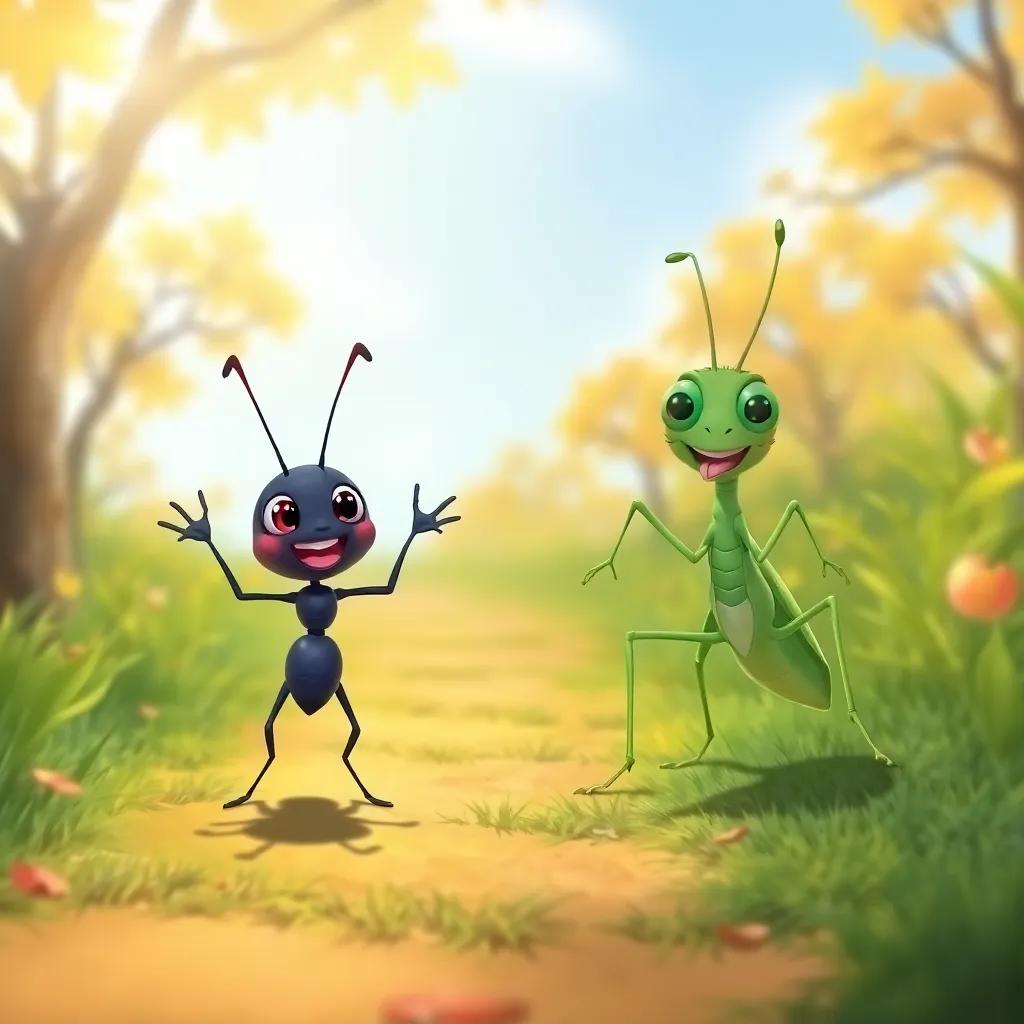 Aiden, a brave little black ant, with Leo, a green grasshopper, excitedly planning their food gathering adventure, on a bright sunny path, joyful expressions, cartoon-style illustration