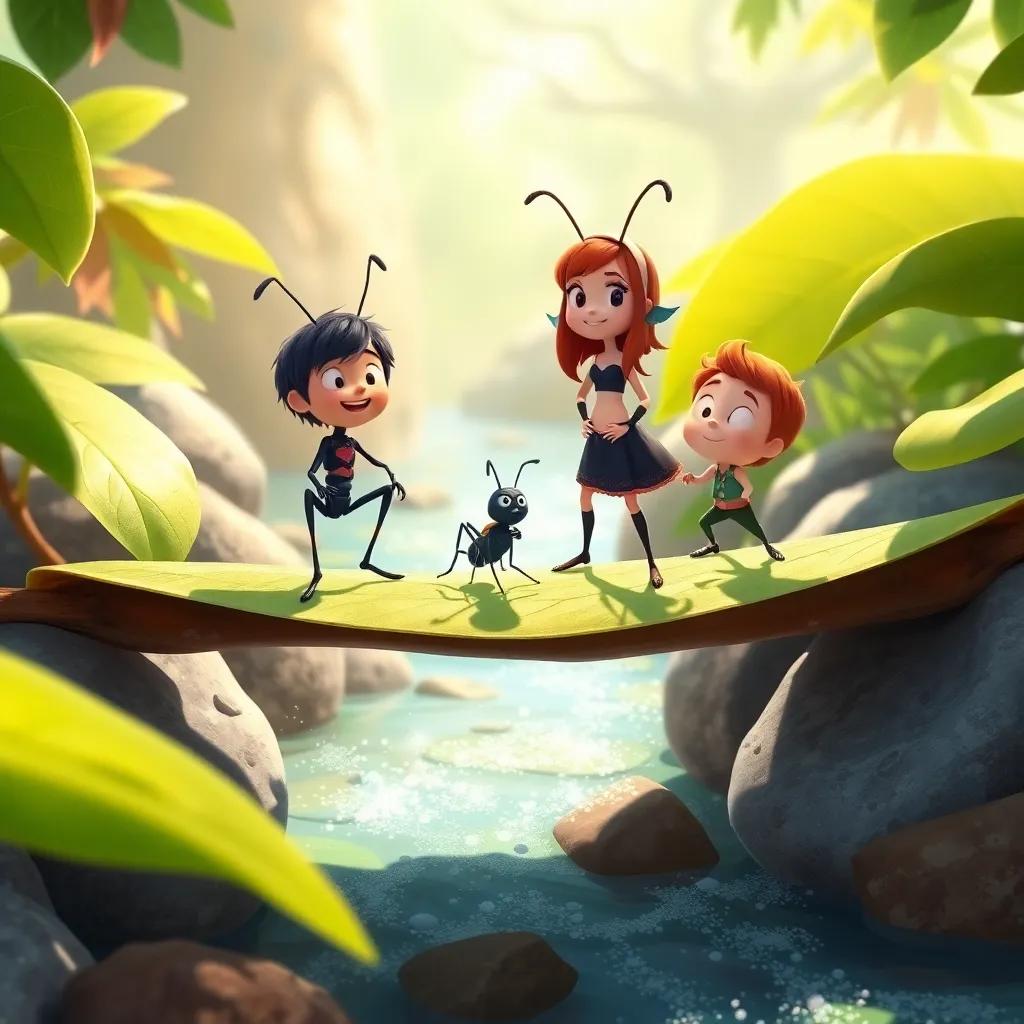 Aiden, a brave little black ant, Bella, and Leo crossing the leaf bridge, with a sparkling stream below, warm sunlight, cheerful atmosphere, illustration, engaging and playful