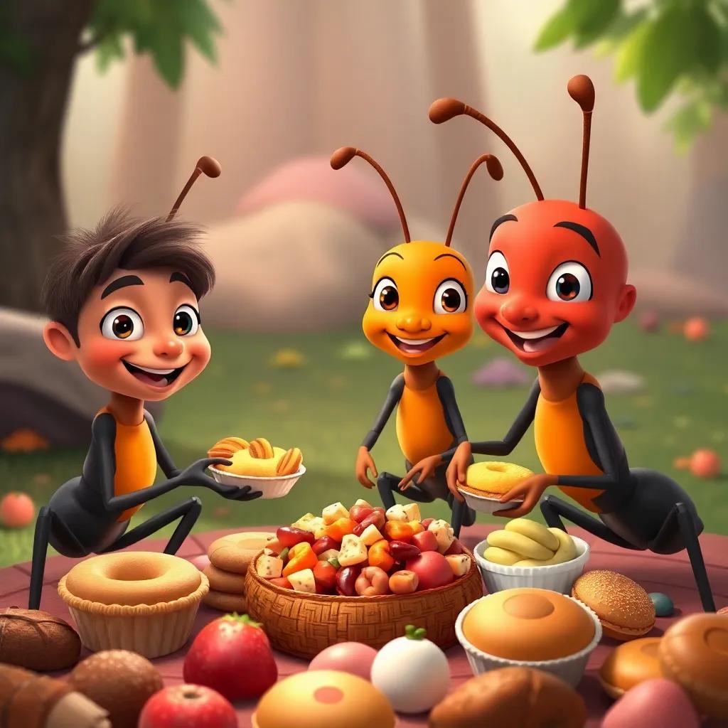 Aiden, Bella, and Leo happily gathering food at a picnic area, surrounded by various yummy treats, smiling ants sharing food, colorful and inviting, digital art, lively