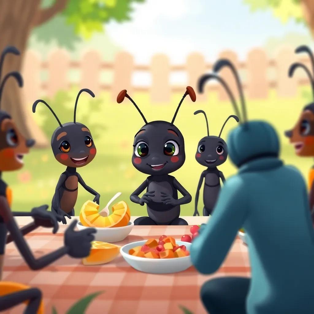 Aiden, a brave little black ant, meeting new ants, food being shared among everyone, joyful expressions, colorful picnic setting, heartwarming atmosphere, cheerful illustration