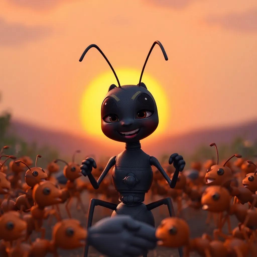 Aiden, a brave little black ant, surrounded by colony ants, receiving praise from the queen ant, sunset in the background, happy and proud expressions, warm colors, inspirational art