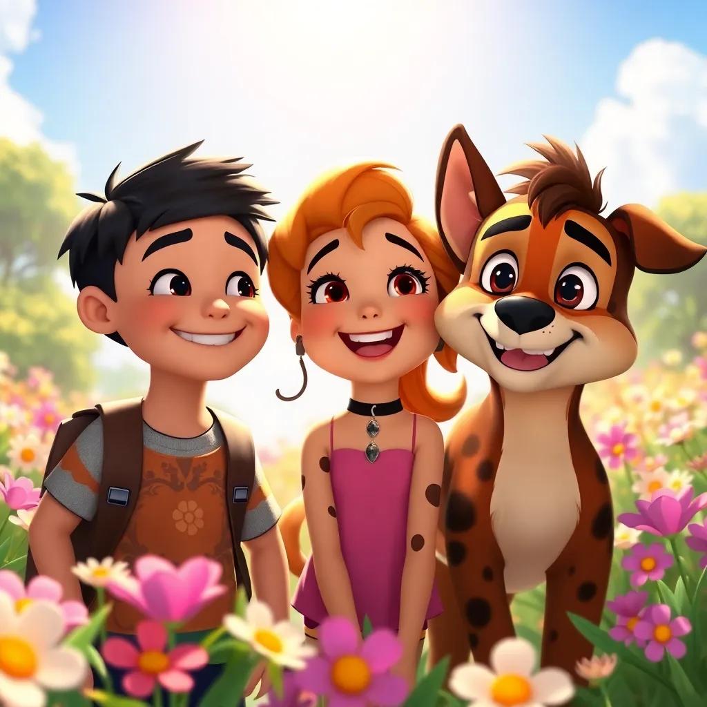 Aiden, Bella, and Leo going on another adventure, smiling together, flowers blooming around them, bright sunny sky above, engaging storytelling scene, vibrant and colorful