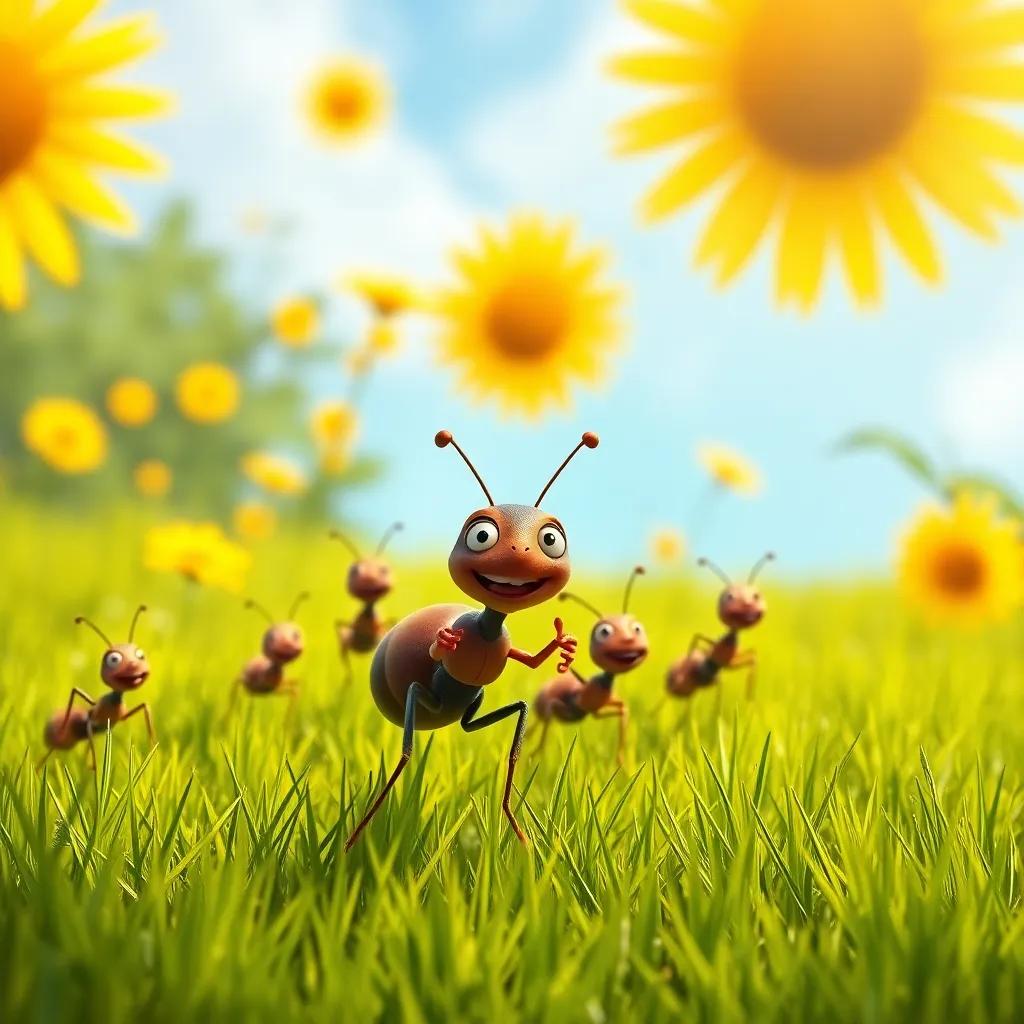 A small, adventurous ant named Andy leading other ants from their cozy colony, in a sunny grassy field, cheerful atmosphere, digital art, vibrant colors, engaging and whimsical
