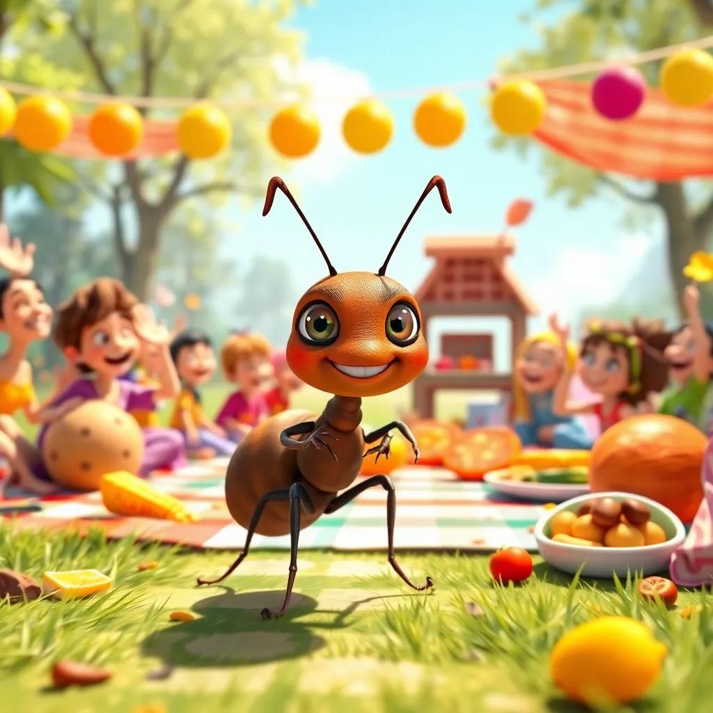 Andy, a brave little ant with a determined expression, marching towards a large picnic blanket filled with food, surrounded by excited friends, colorful environment, digital illustration, bright sunlight, dynamic