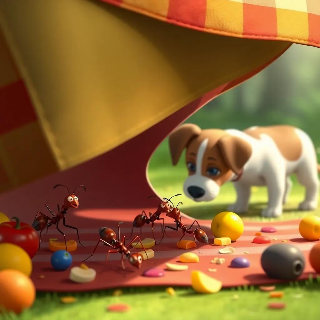 A group of ants sneaking under a picnic blanket, colorful fruits and crumbs scattered around, a curious dog is sniffing nearby, suspenseful scene, cartoonish style, soft shadows
