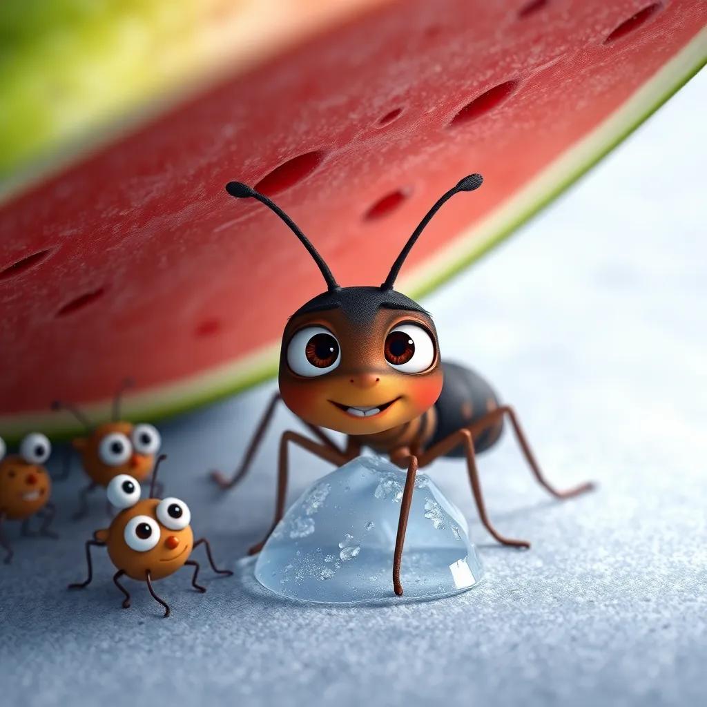 Andy, the brave ant, frozen under a watermelon slice with his friends nearby, their eyes wide in surprise, comical expression, child-friendly art, lighthearted tone, cinematic perspective