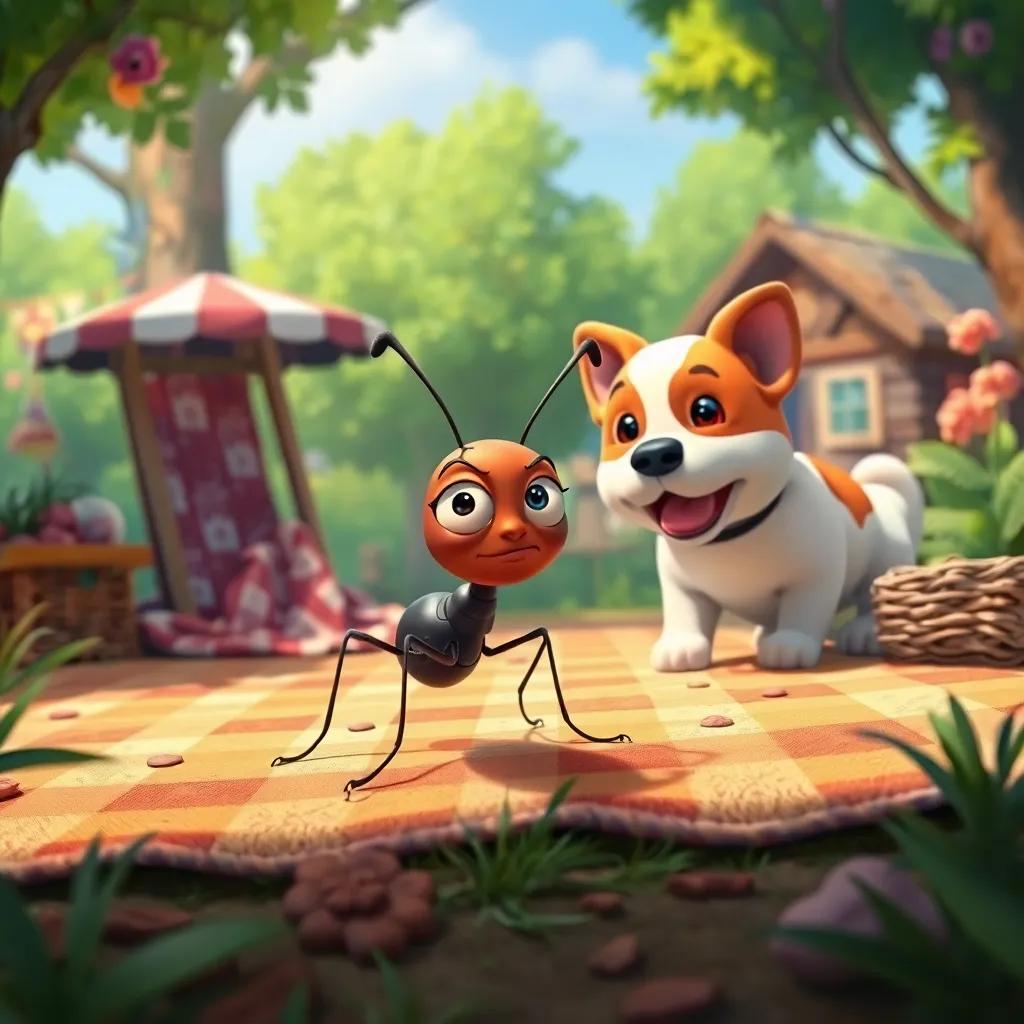 A nervous ant named Leo hiding from a playful dog, with vibrant picnic surroundings, tension in the atmosphere, cartoon style, vivid colors, detailed
