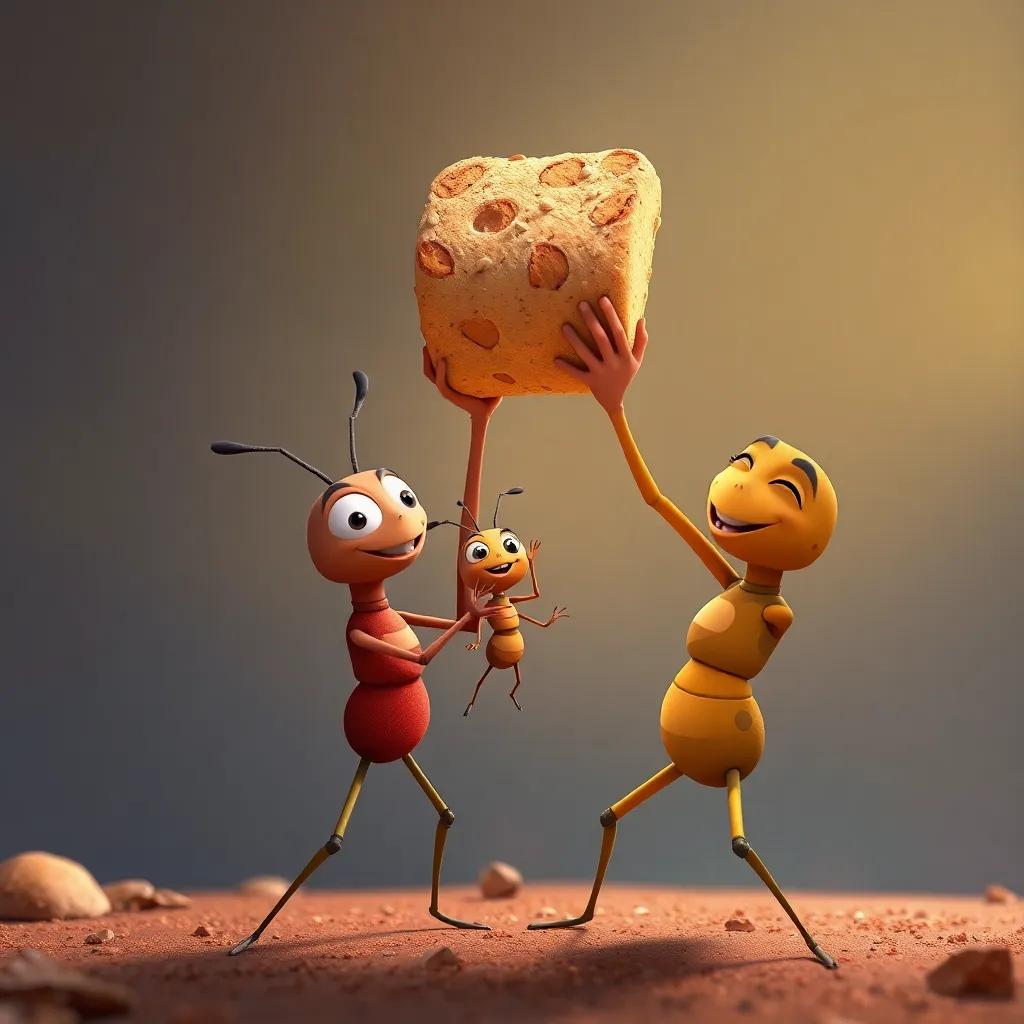 A smaller ant being rescued by Andy and his friends, lifting a piece of bread together in unity, heartwarming scene, colorful, cheerful art style, uplifting