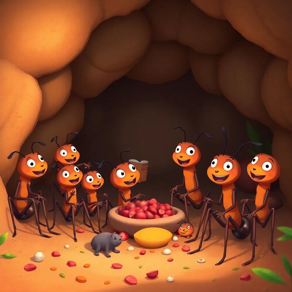 The ants happily gathered in their colony, sharing food and stories of bravery, joyous atmosphere, homey ant habitat, friendly illustration, warm colors, happy expressions