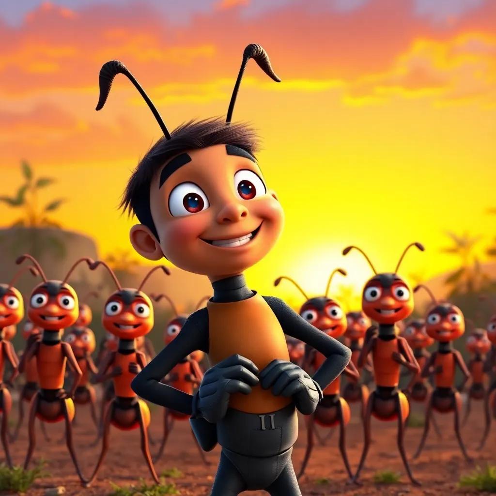Andy, smiling proudly as the other ants cheer for him, standing tall in front of their colony, vibrant sunset backdrop, friendly environment, engaging image, bright style