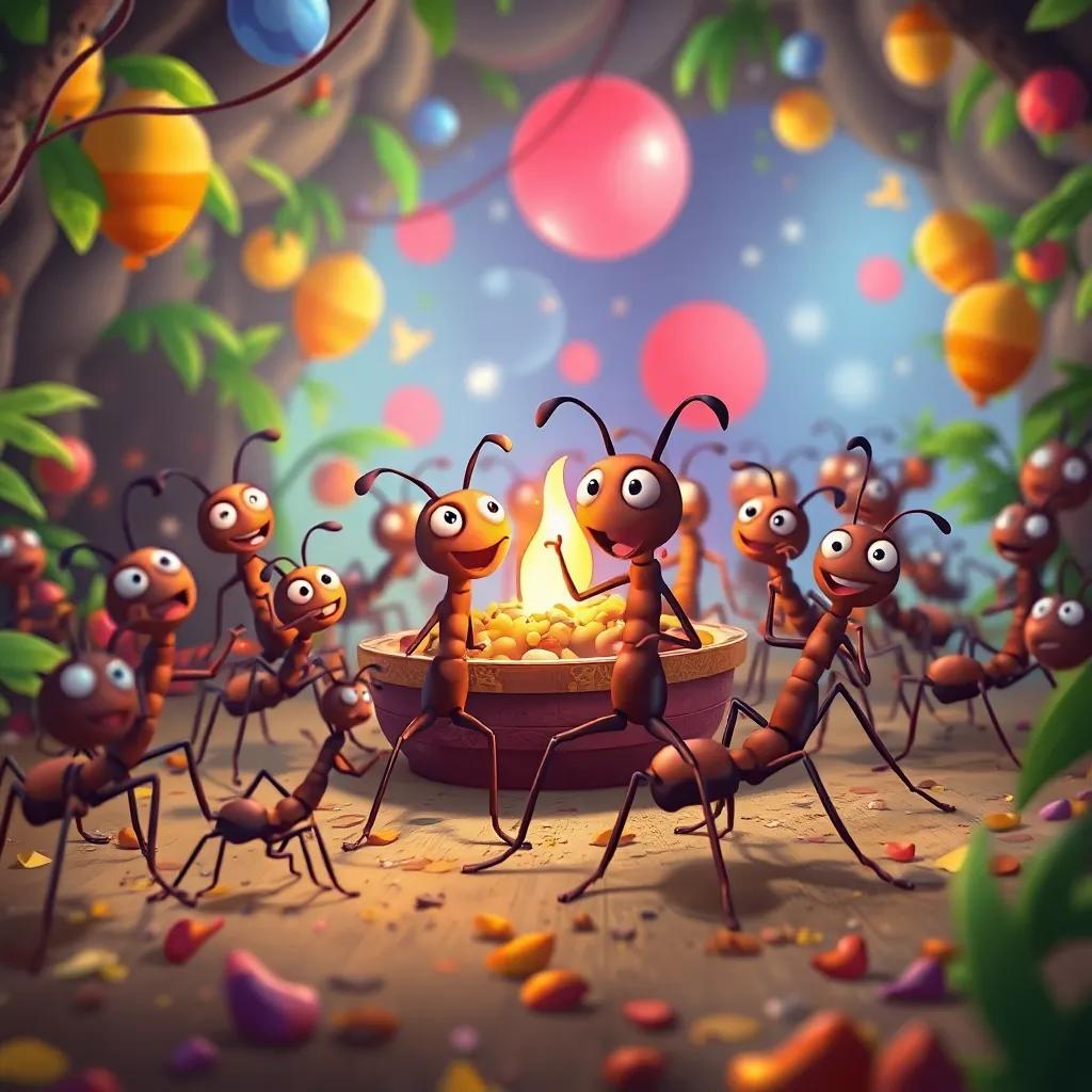 A celebratory scene in the ant colony, with ants feasting and dancing, an air of joy and excitement, cartoonish style, colorful and festive atmosphere, high energy