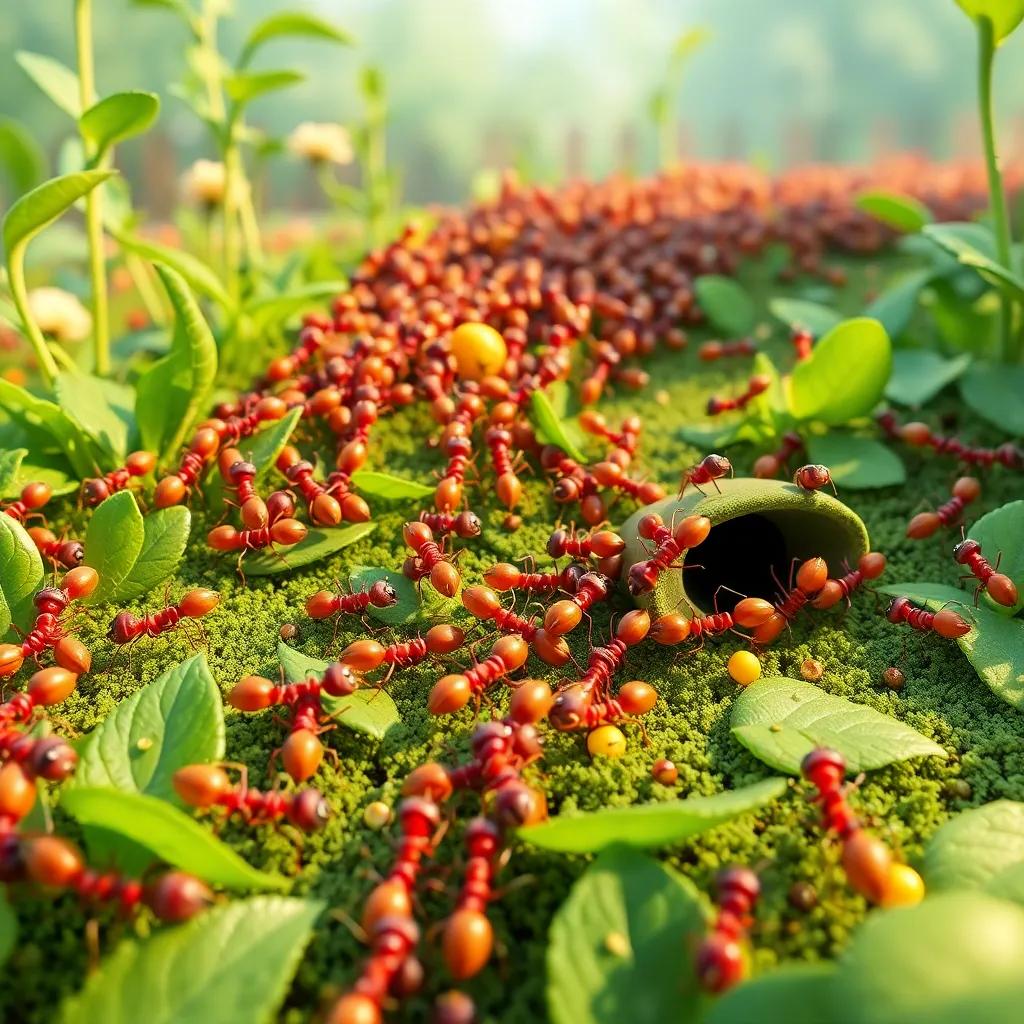 A colony of ants, busy little creatures working together in a green garden, building tunnels and gathering food, cheerful ambiance, bright colors, high quality