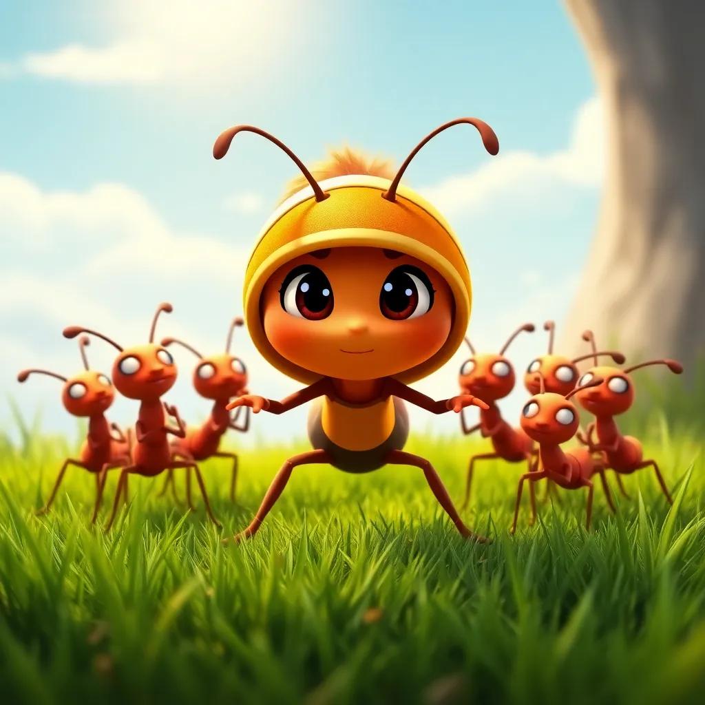 Annie, a brave little ant with a shiny shell, rallying her ant friends in a circle, looking determined, surrounded by green grass and a sunny sky, vibrant colors, cartoon style