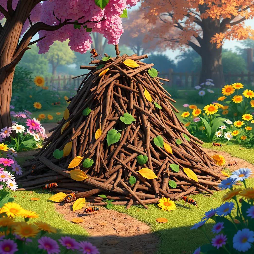 A big pile of twigs and leaves created by the ants, near Buzz the Beetle's favorite eating spot, colorful garden setting with flowers and trees, playful atmosphere, detailed illustration