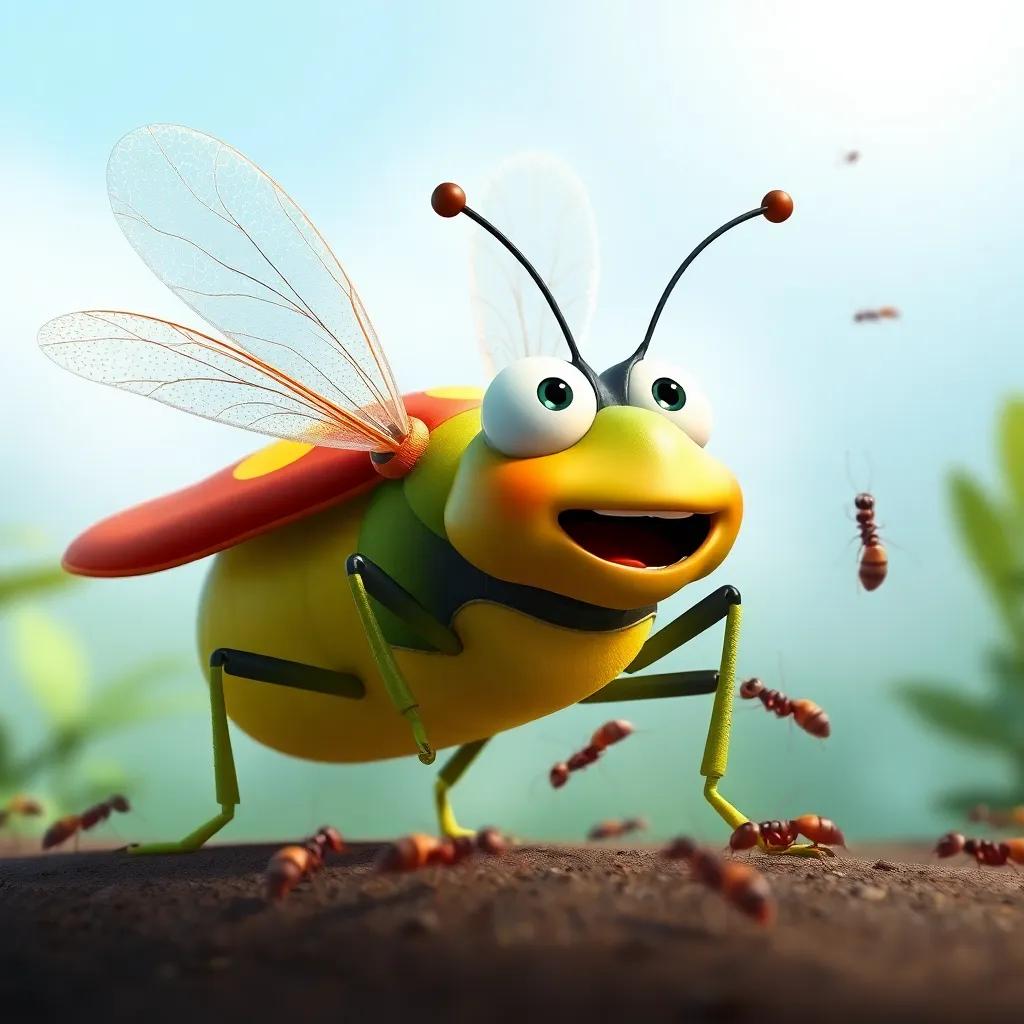 Buzz the Beetle, a large colorful bug, fluttering his wings in surprise as ants tickle his legs, lively scene with buzzing energy, high quality, cheerful