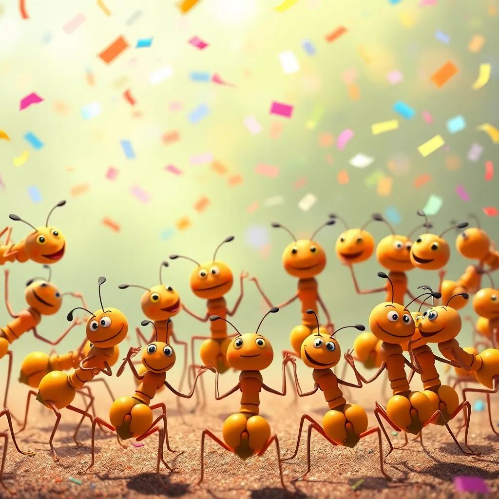 A joyful gathering of ants celebrating together, dancing around in a circle with smiles, colorful confetti floating through the air, heartwarming scene, bright and festive