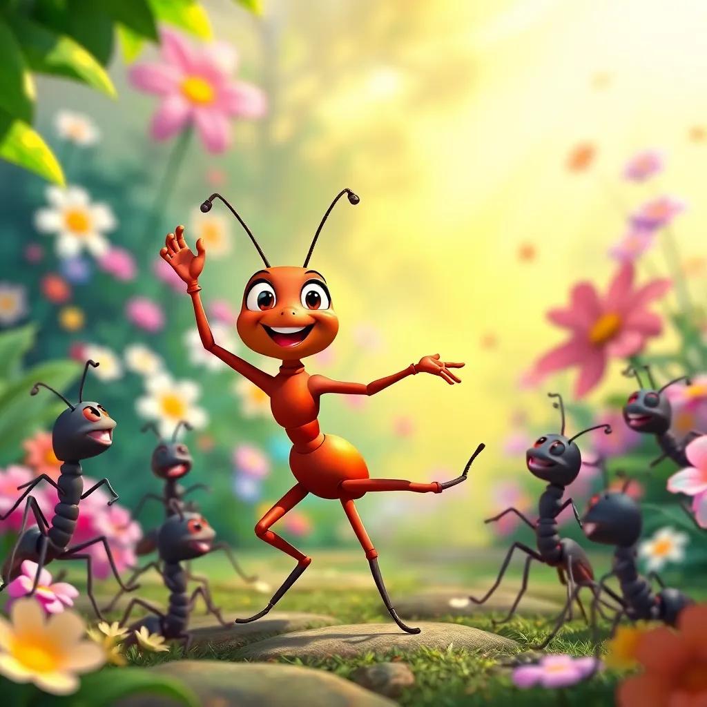 Annie the ant leading a dance celebration, surrounded by her ant friends, colorful garden background with flowers and sunlight, joyful and lively atmosphere, high quality