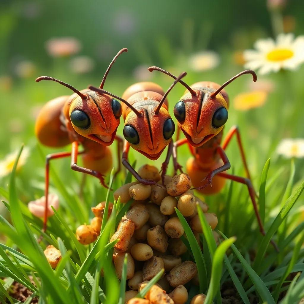 A close-up of ants working together, showcasing teamwork and unity, gathering food with determined expressions, green grass and flowers in the background, detailed illustration