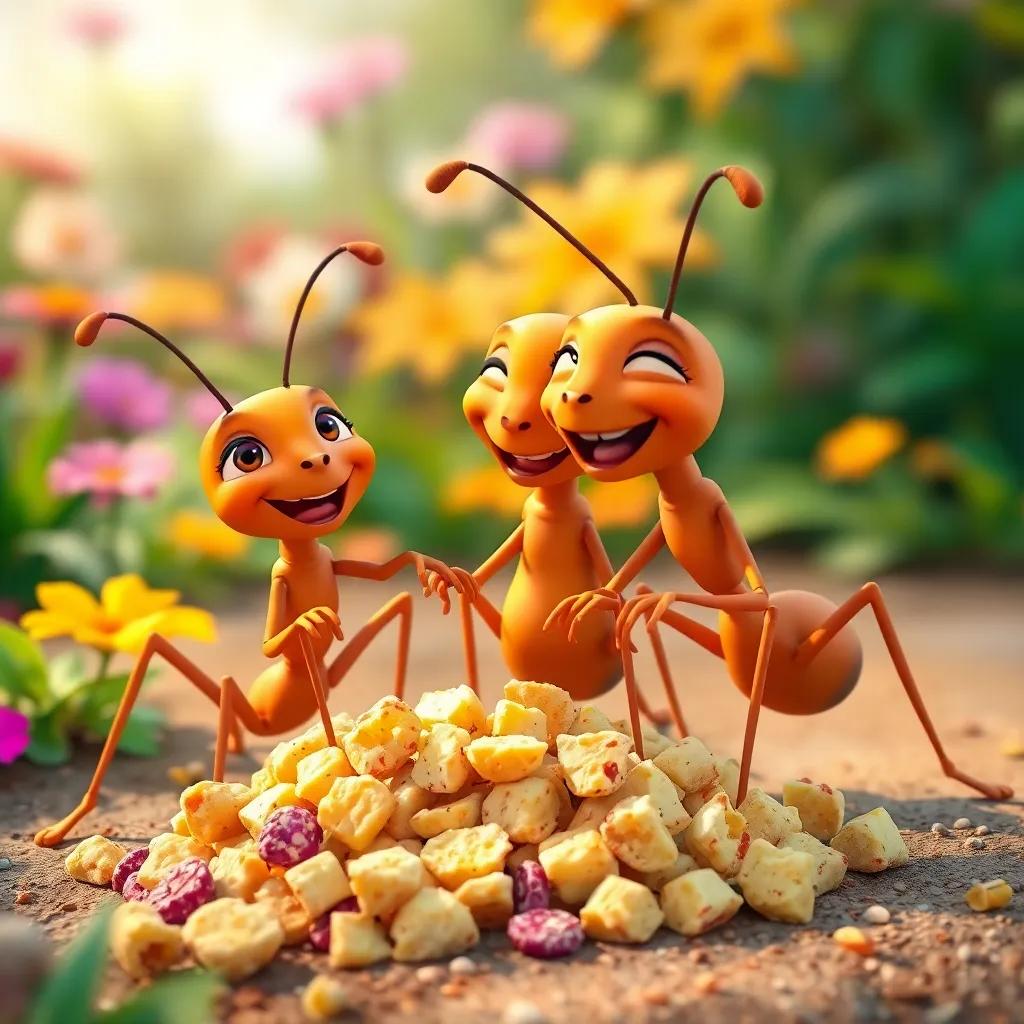 The ants enjoying their feast together, piles of crumbs around them, laughter and joy in their eyes, colorful garden setting, bright colors, cheerful