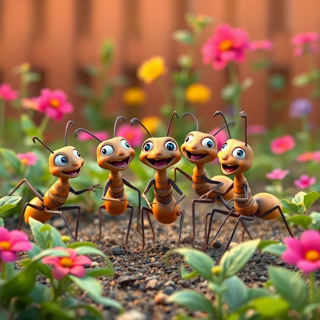 A group of happy ants playing games in the garden, laughing and smiling, showing their bond of friendship, vibrant colors and lively atmosphere, high quality