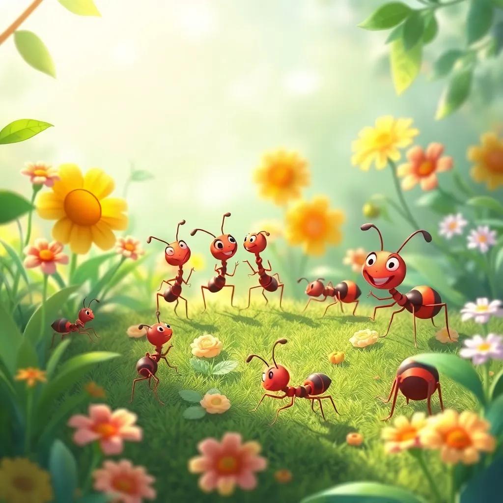 A beautiful garden scene with ants continuing their adventures, playing together happily, bright colors, lively atmosphere, heartwarming illustration