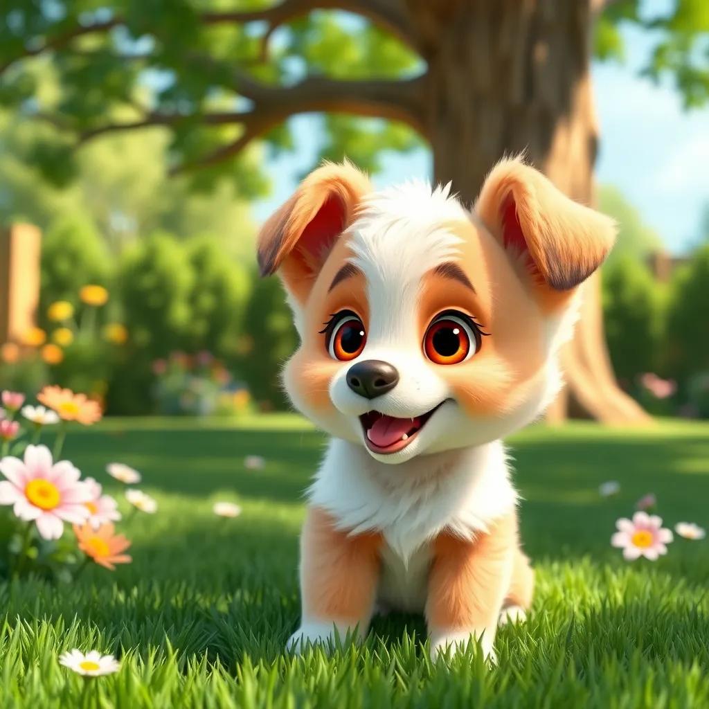 A little puppy named Timmy with fluffy fur and bright eyes, looking excited in a green backyard with flowers and a big tree, digital art, cheerful and vibrant, sunny day, sharp focus, playful