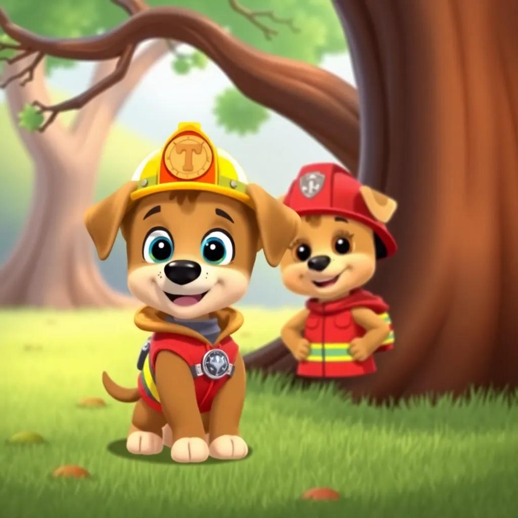 Timmy, the puppy, imagining himself as Firefighter Timmy, looking brave in a fire coat and helmet, standing proudly next to a big tree with branches, bright colors, cartoon style, playful