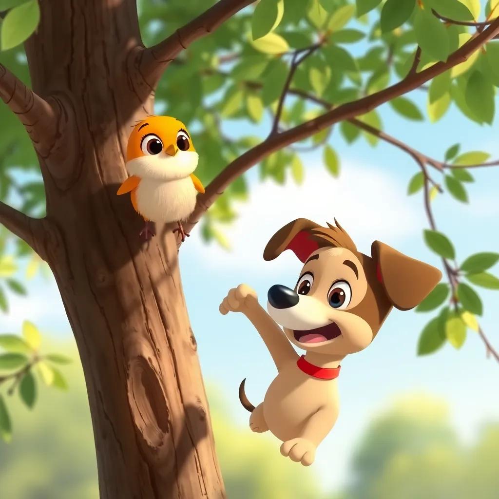 A little bird caught in the branches of a tree, looking worried, with Timmy the puppy below in a heroic pose, bright sunny day, cheerful and engaging, child-friendly