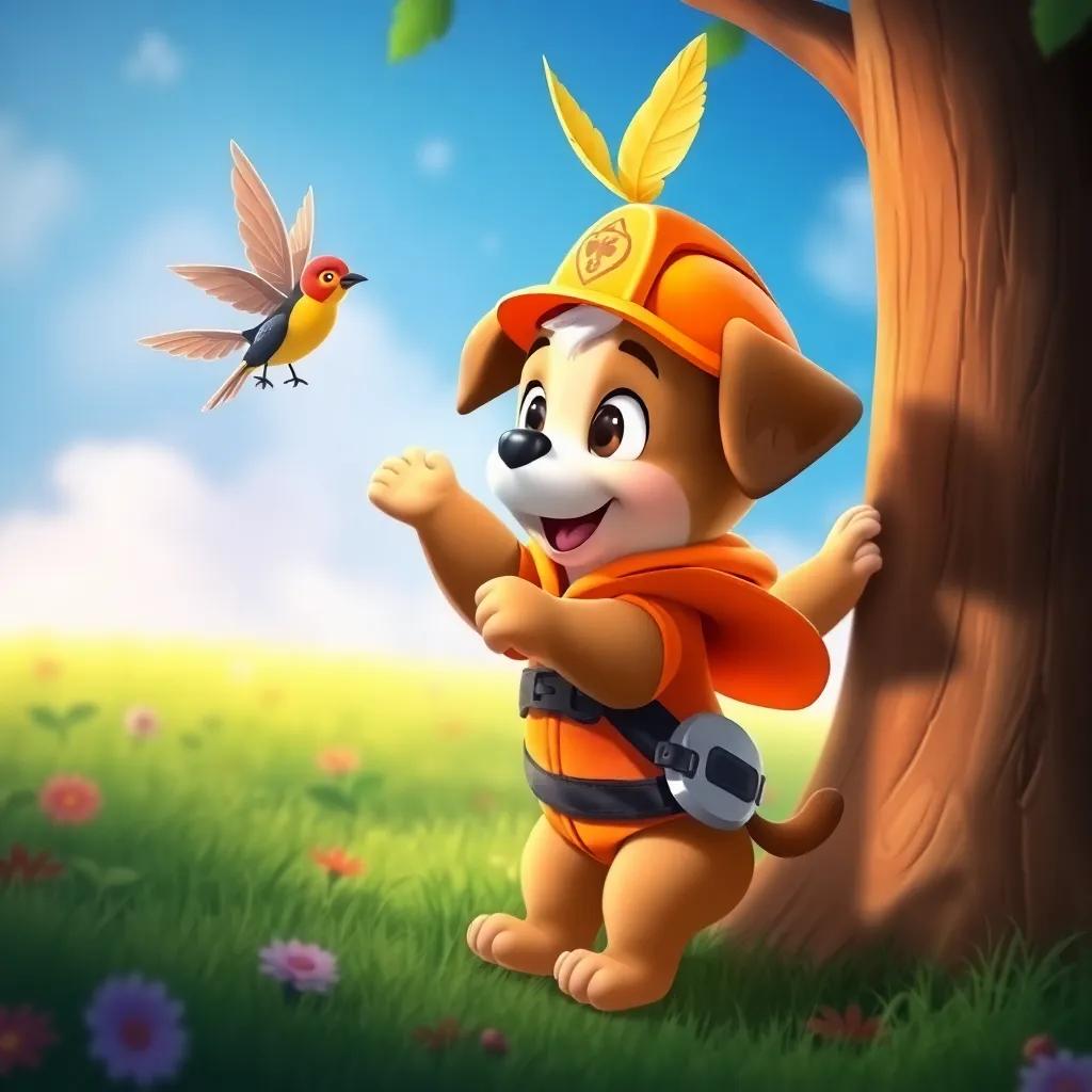 Timmy, the puppy, climbing up in his imagination wearing a fire outfit, reaching toward the little bird in the tree, colorful and bright, vivid details, whimsical