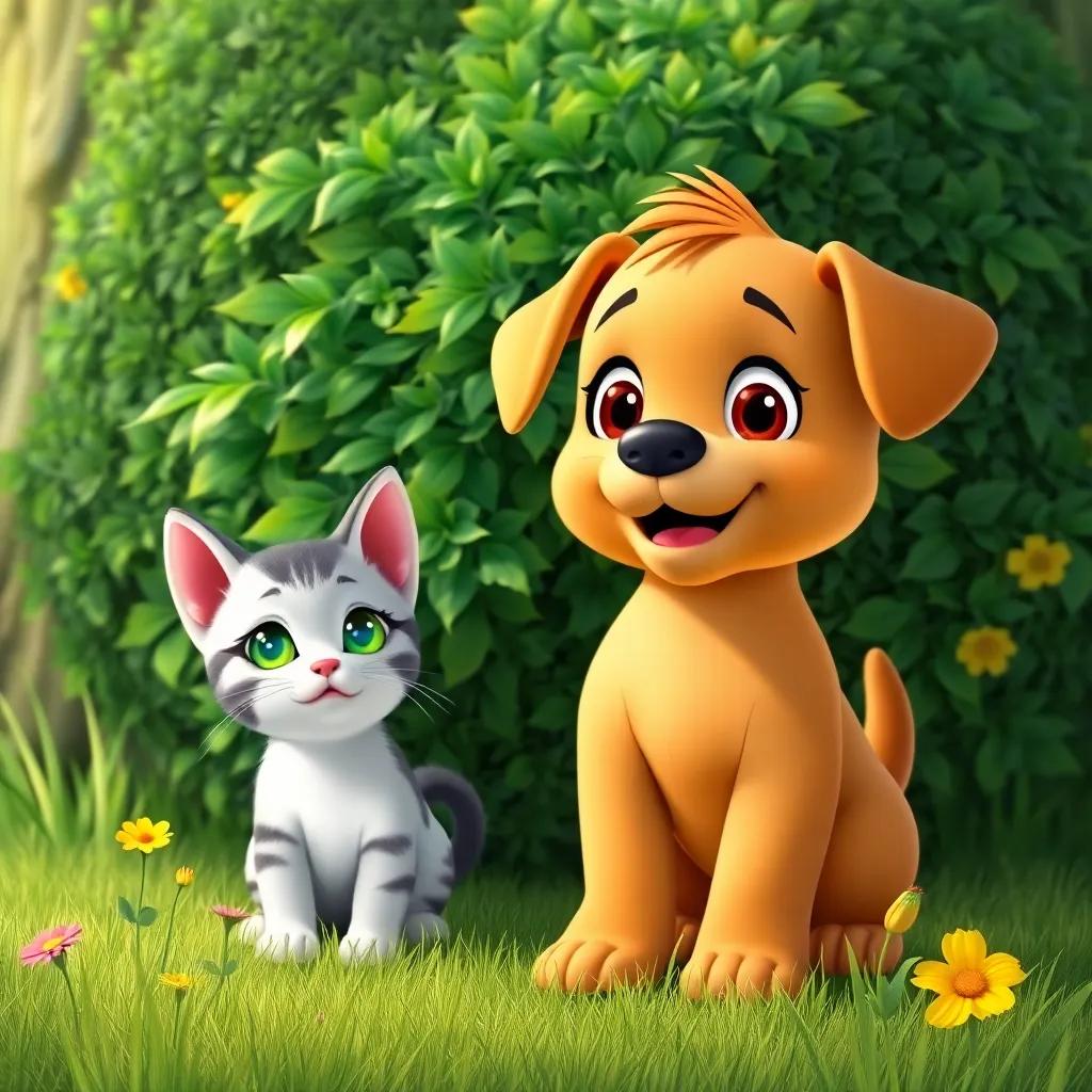 Timmy the puppy standing firmly by a bush with Lucy the kitten behind it, looking concerned but brave, with bright green grass and flowers, upbeat and colorful, friendly