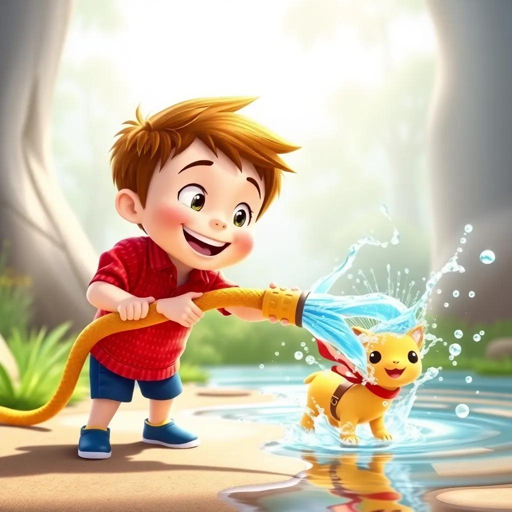 Timmy using his imaginary hose with playful water splashes to rescue Lucy, showing determination and bravery, fun and energetic, bright colors, animated style, joyful narrative