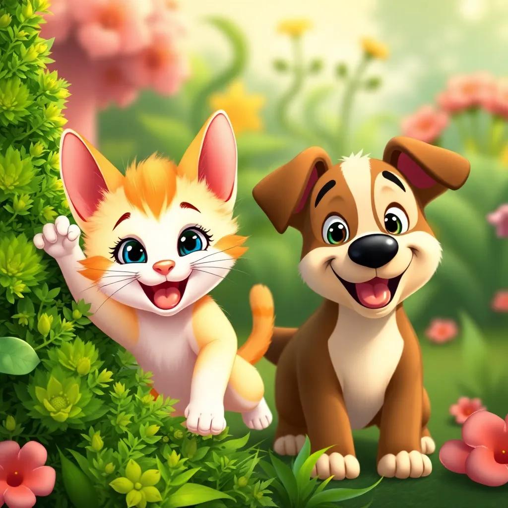 Lucy the kitten jumping out happily from behind the bush, with Timmy the puppy beside her, both looking cheerful and proud, garden background, joyful, colorful