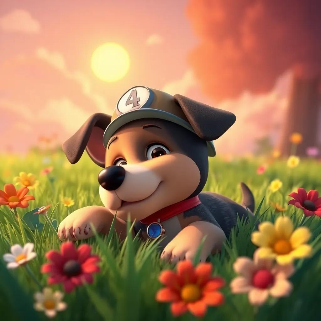 Timmy the puppy lying in the grass after a long day of adventures, dreaming of being a firefighter, a sunny sky above and colorful flowers, calming colors, peaceful and cheerful, heartwarming