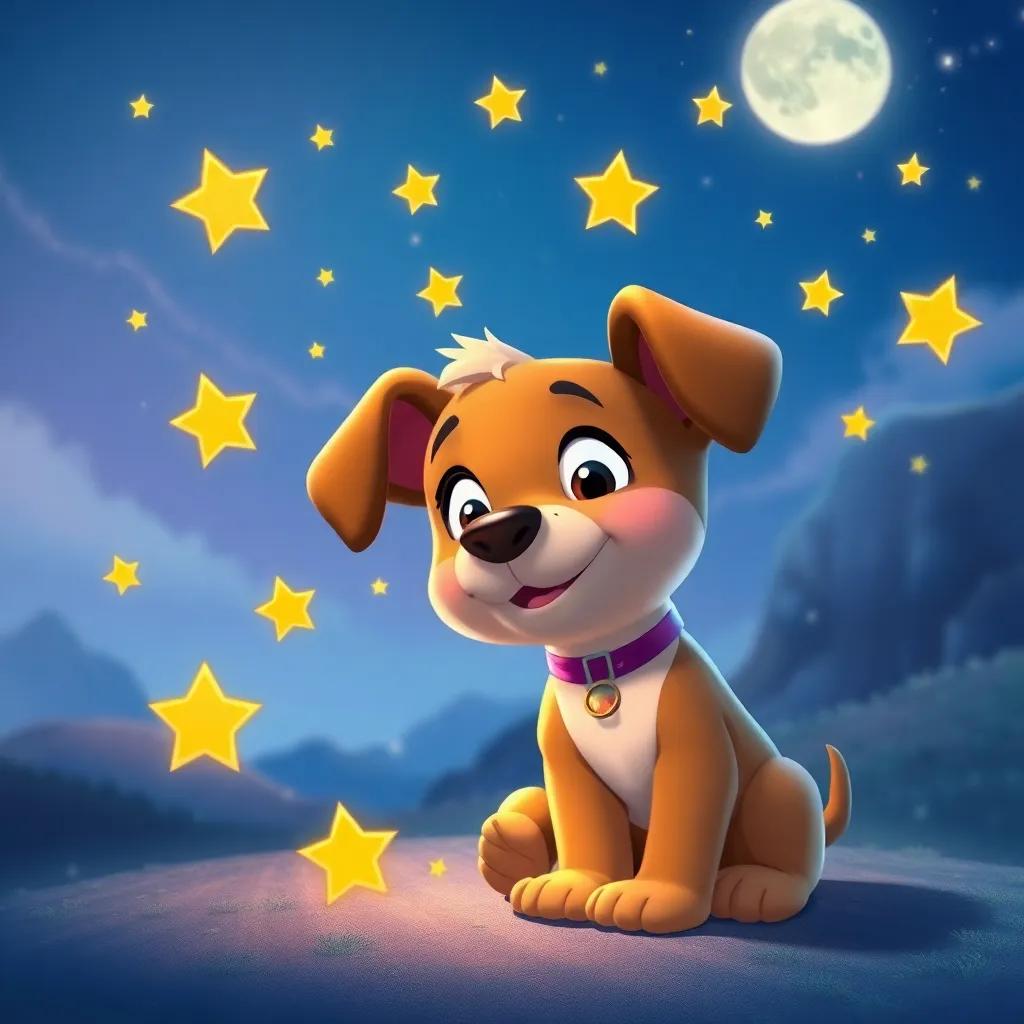 Timmy the puppy, imagining another adventure, stars twinkling around him as he dreams, with a night sky and soft moonlight, dreamy atmosphere, whimsical and imaginative, colorful