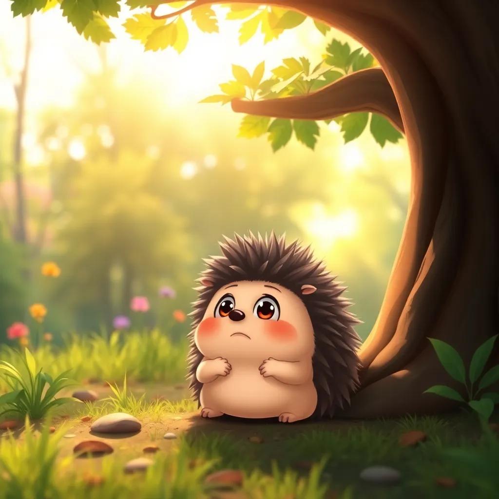 A small hedgehog named Penny, with soft spines and bright eyes, sitting under a tree, looking worried in a beautiful sunlit forest, digital art, vibrant colors, inviting atmosphere, high quality