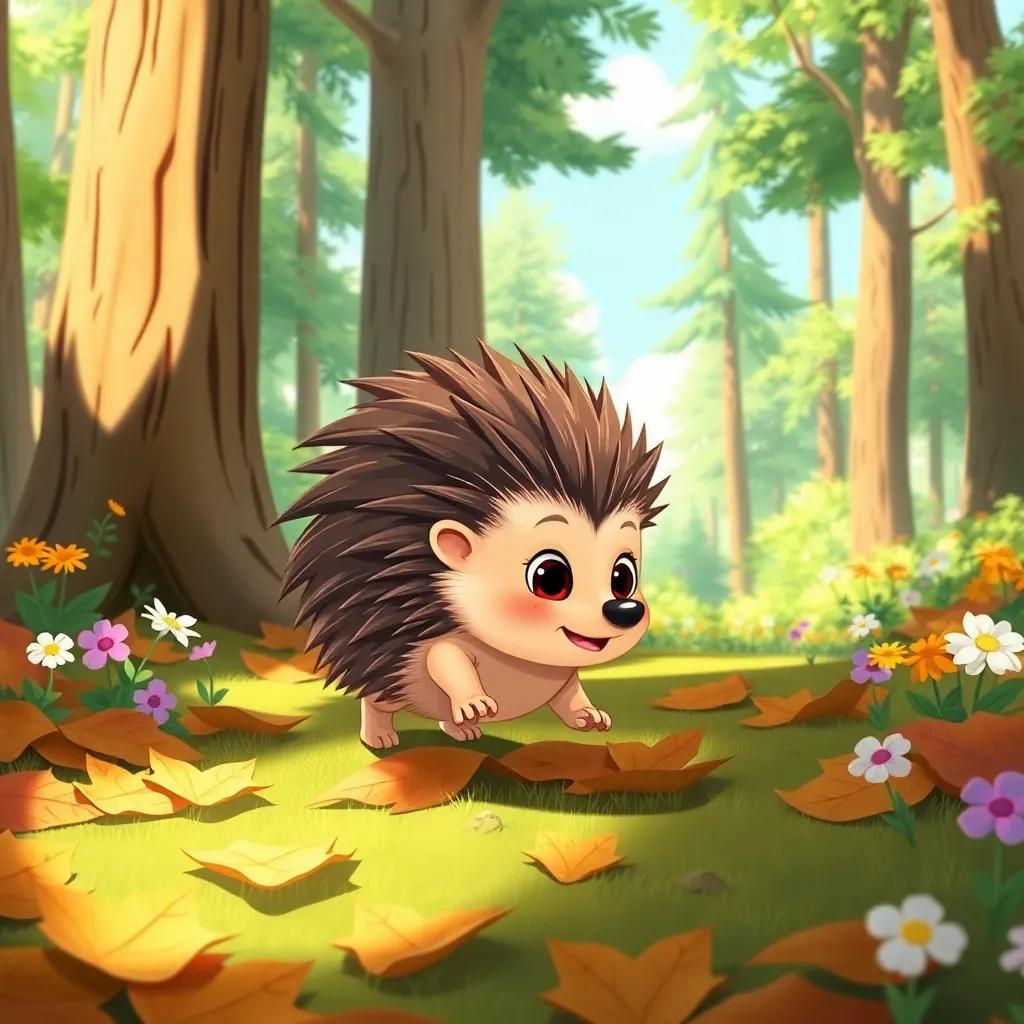 Penny the hedgehog, timid but determined, walking on crunchy leaves in a sunny forest, surrounded by tall trees and colorful flowers, illustration, cheerful, adventure-themed, child-friendly