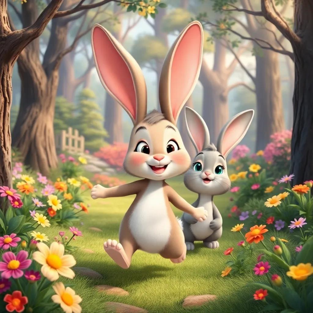 A cheerful rabbit named Bella, with big floppy ears and a joyful smile, hopping beside Penny in an enchanting forest, full of colorful flowers and trees, illustration, playful, vibrant scenery, high quality