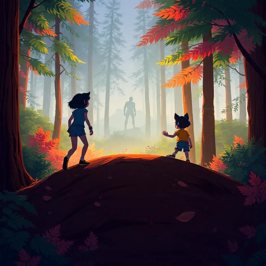 Penny and Bella climbing a hill, seeing a shadowy figure in the distance among the trees, mustering courage, the forest filled with rich colors, dynamic composition, engaging visual