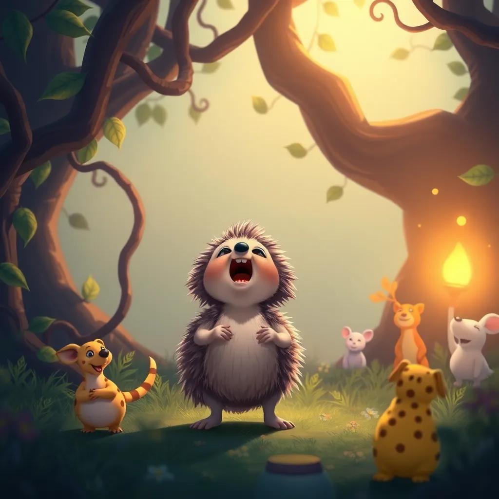 Penny, a brave little hedgehog, standing tall and shouting, with the dark vines retreating, a warm glow starting to return, joyful animals watching, illustration, magical and uplifting