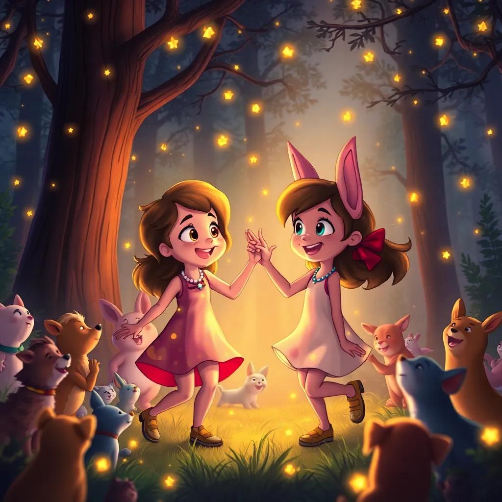 Penny and Bella surrounded by starry fireflies, dancing in the warm light of the restored forest, with cheering animals around them, making it a vibrant celebration, digital painting, joyful and colorful