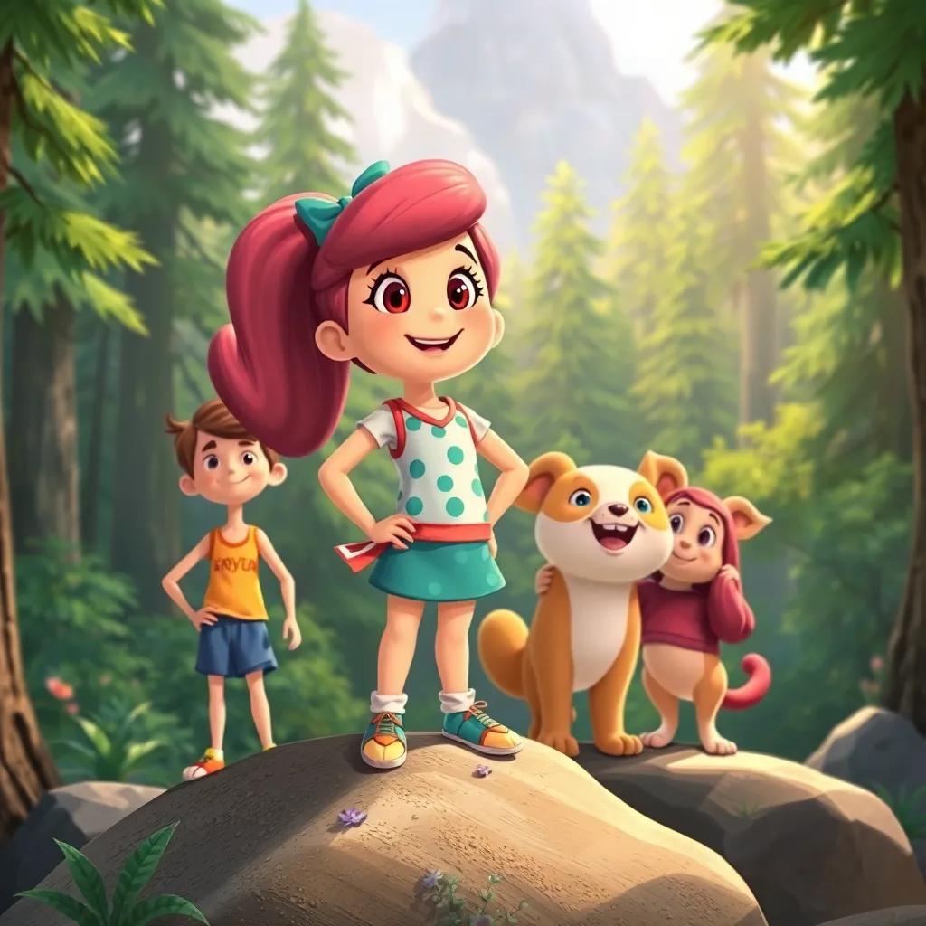 Penny, now proud and confident, standing on a rock with her friends, the forest looking beautiful in the background, in a scene of triumph and happiness, illustration, heartwarming, rich colors
