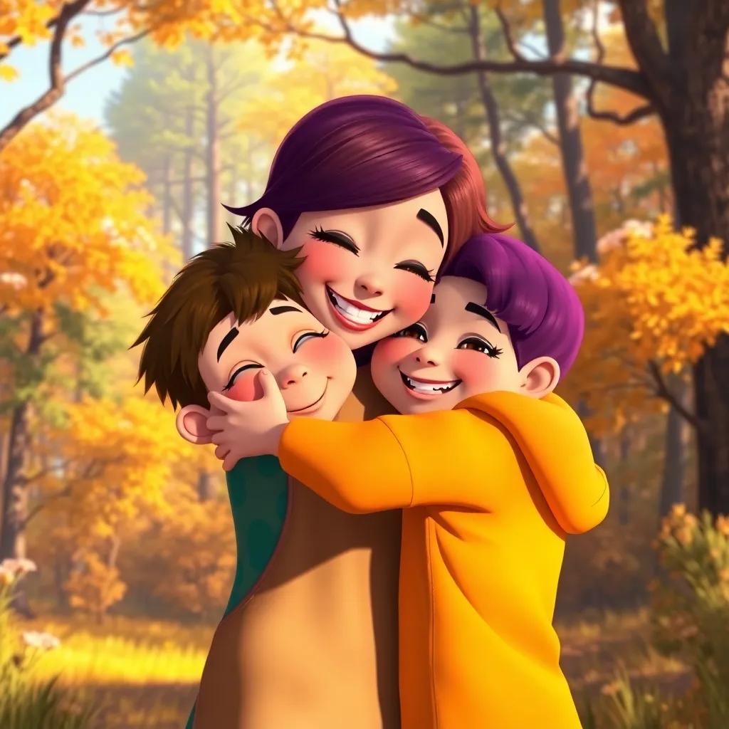 Penny embracing her friends in a warm hug, with a bright, sunny forest behind them, showcasing a sense of courage and friendship, digital art, vivid colors, uplifting imagery