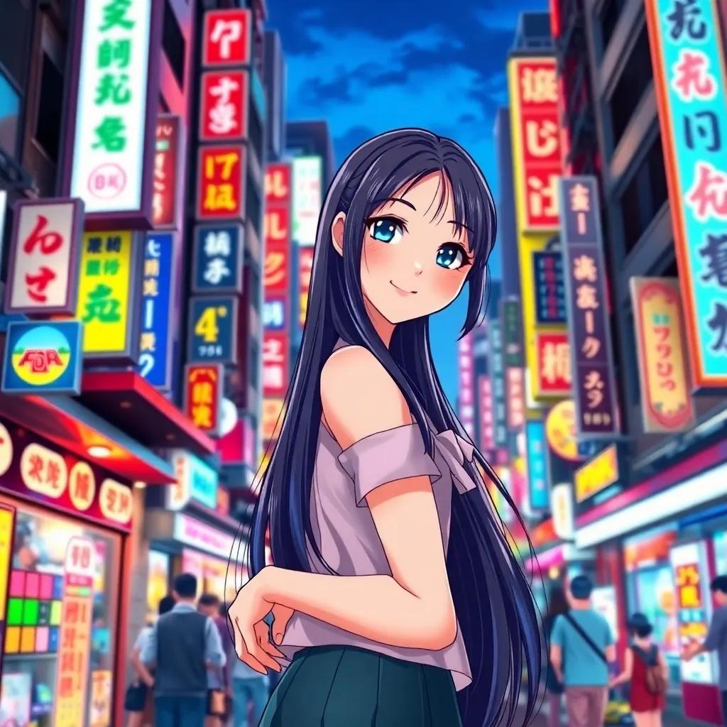 A pretty girl, Yuki, with long black hair, standing confidently in the colorful streets of Tokyo at night, surrounded by bright neon lights and bustling crowd, illustration, vibrant and exciting atmosphere, high quality