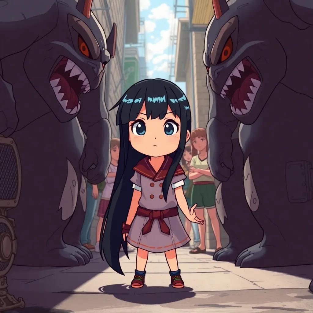 Yuki, a small girl with long black hair, facing her tall, tough enemies in an alley, looking determined and brave, with friends supporting her behind her, action scene, cartoon style, dynamic and energetic, high quality.