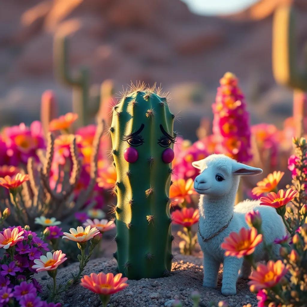 Cora the cactus, looking sad in the desert, surrounded by stunning flowers, Lili the llama beside her, comforting her, warm light, bright and inviting colors, feel-good scene, high quality