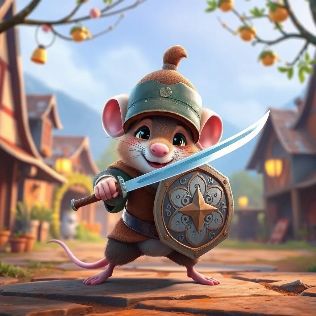 A little mouse named Marco, wearing a tin shield and an acorn helmet, practicing sword fighting in a cozy village backdrop, vivid colors, cheerful atmosphere, high quality