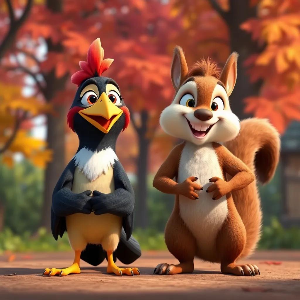 Marco's friends, a witty bird named Bella and a strong squirrel named Leo, cheering him on with bright smiles, colorful trees in the background, playful and encouraging, detailed artwork