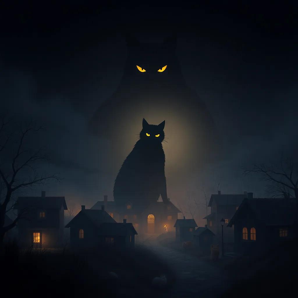 The shadow of a large cat looming over the village, with frightened little animals hiding, contrast of dark and light, dramatic scene, artistic quality