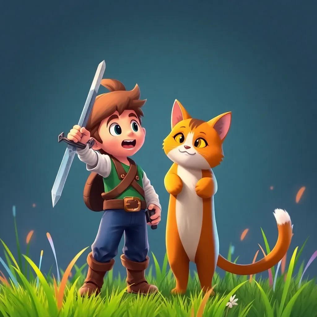 Marco standing bravely with his tiny sword, shouting at a confused cat, colorful blades of grass around him, triumphant pose, inspirational vibe, high-quality illustration