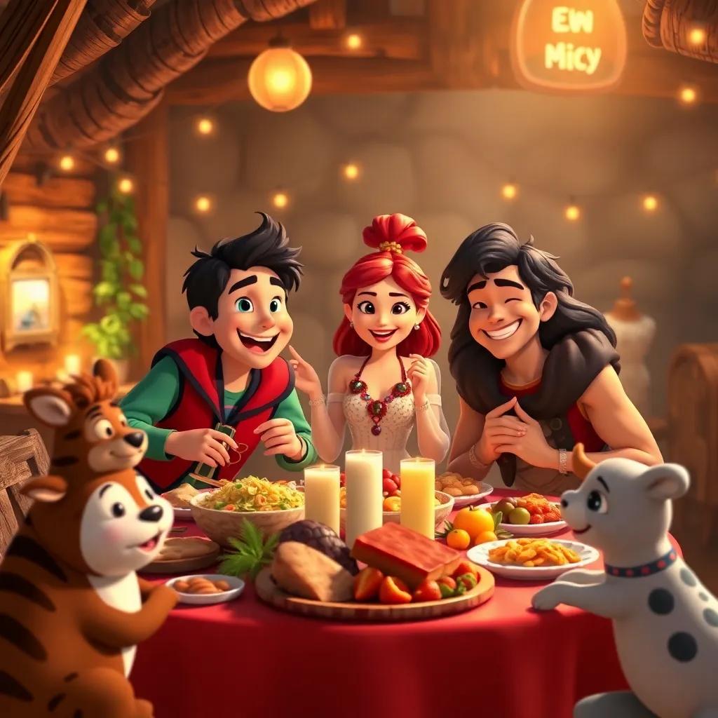 Marco, Bella, and Leo celebrating together in the village after their victory, with happy animals and a banquet spread, feeling of joy and camaraderie, vibrant colors, heartwarming scene